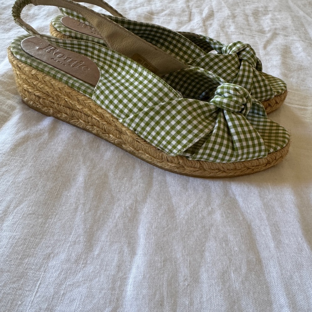 Rouje Green Gingham Wedge Sandals